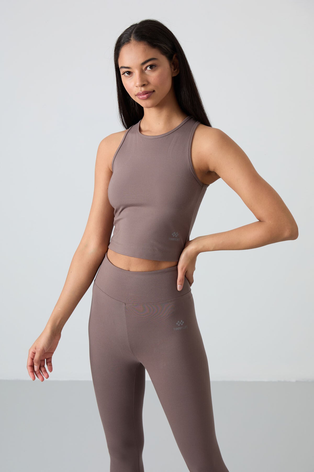 Brown High Waist Capri-Crop Singlet Slim Fit Women's Tights Set - 95284