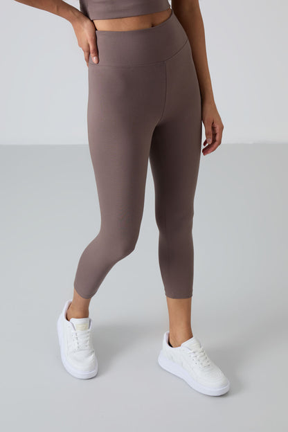 Brown High Waist Capri-Crop Singlet Slim Fit Women's Tights Set - 95284
