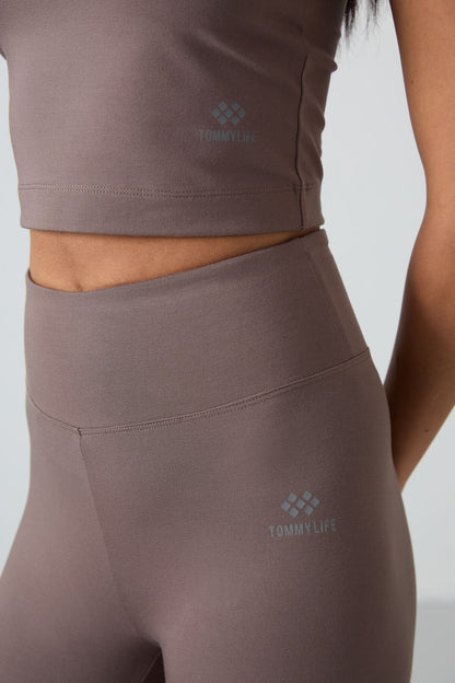 Brown High Waist Capri-Crop Singlet Slim Fit Women's Tights Set - 95284