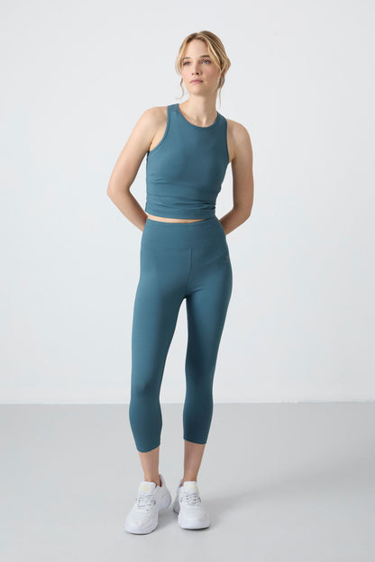 Forest Green High Waist Capri-Crop Singlet Slim Fit Women's Tights Set - 95284