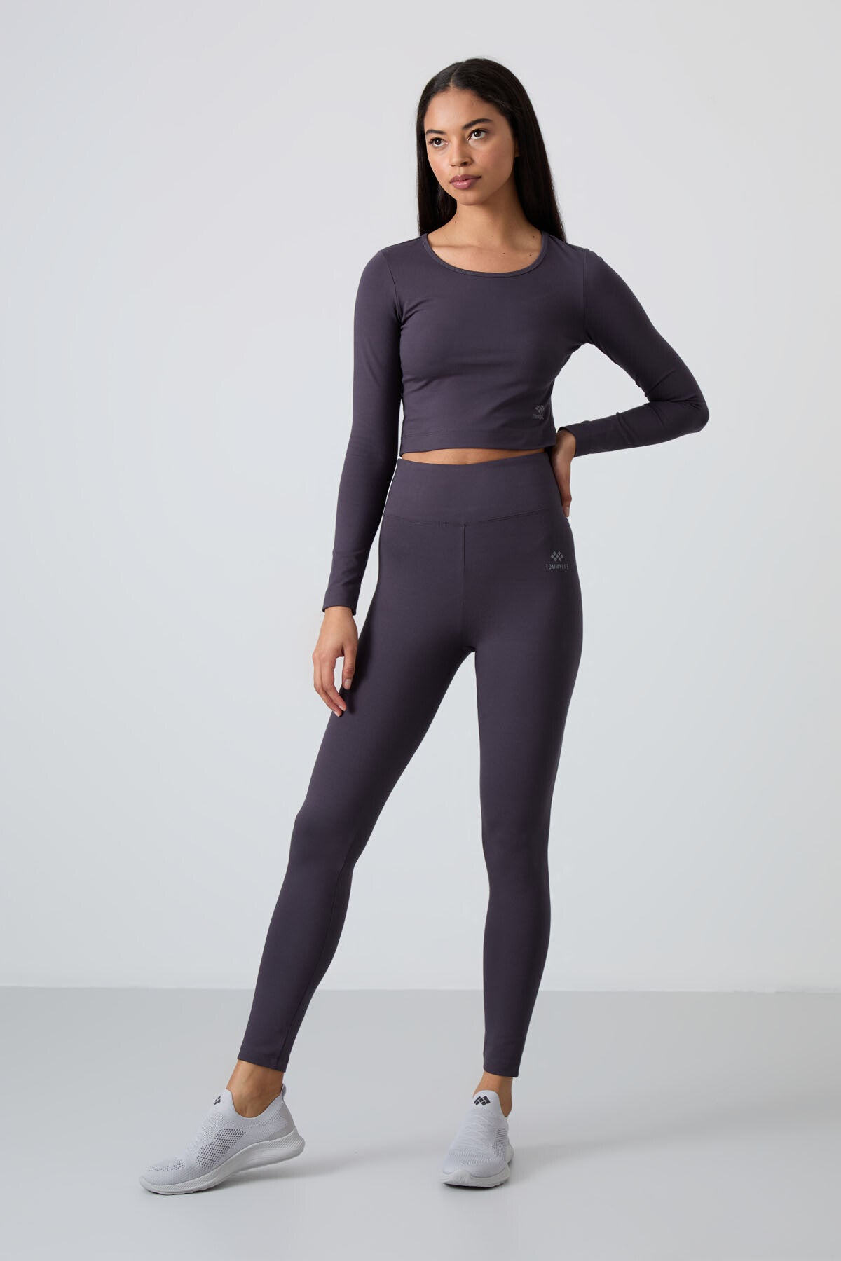 Anthracite High Waist Long Sleeve Slim Fit Crop Top Women's Tights Set - 95286