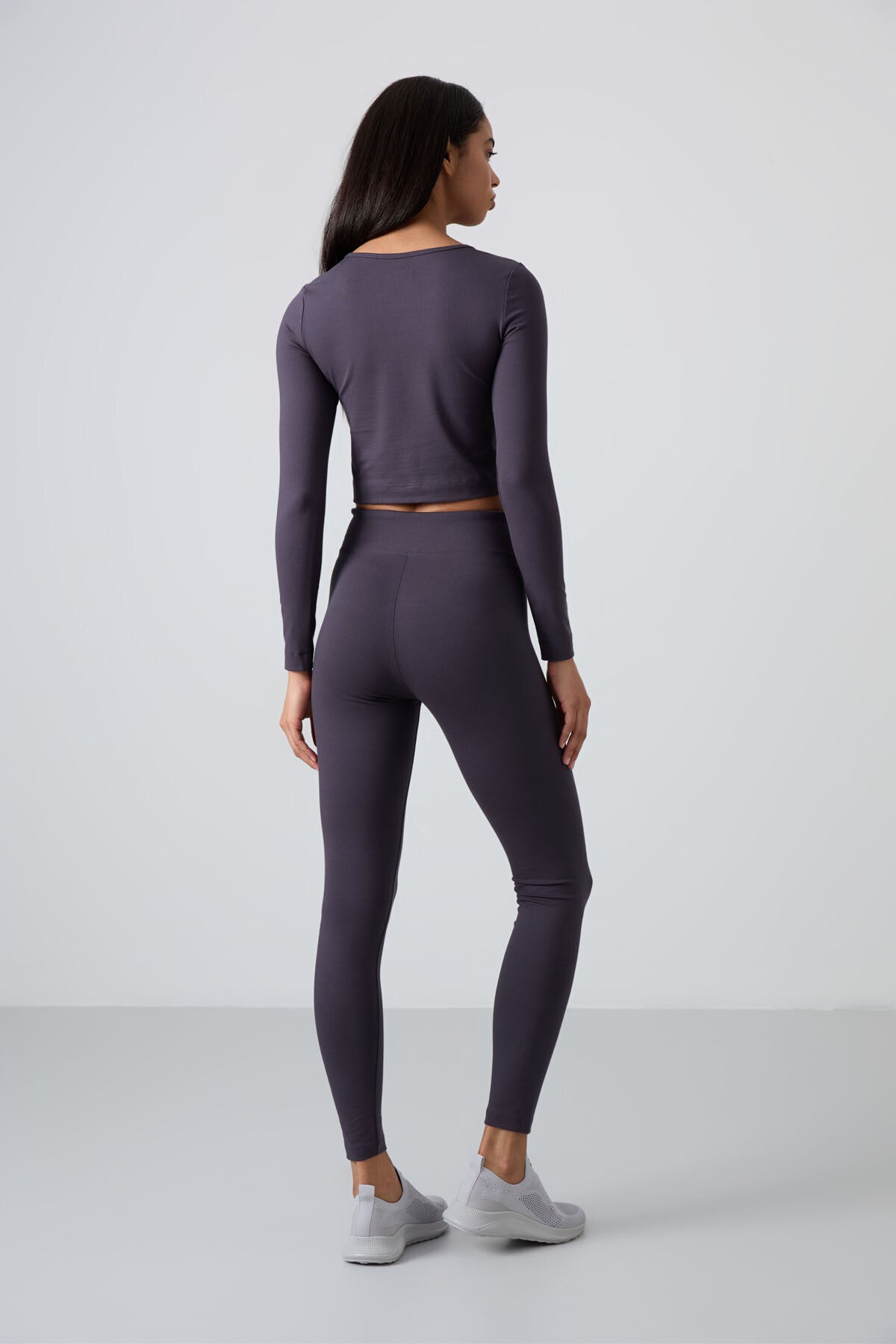Anthracite High Waist Long Sleeve Slim Fit Crop Top Women's Tights Set - 95286