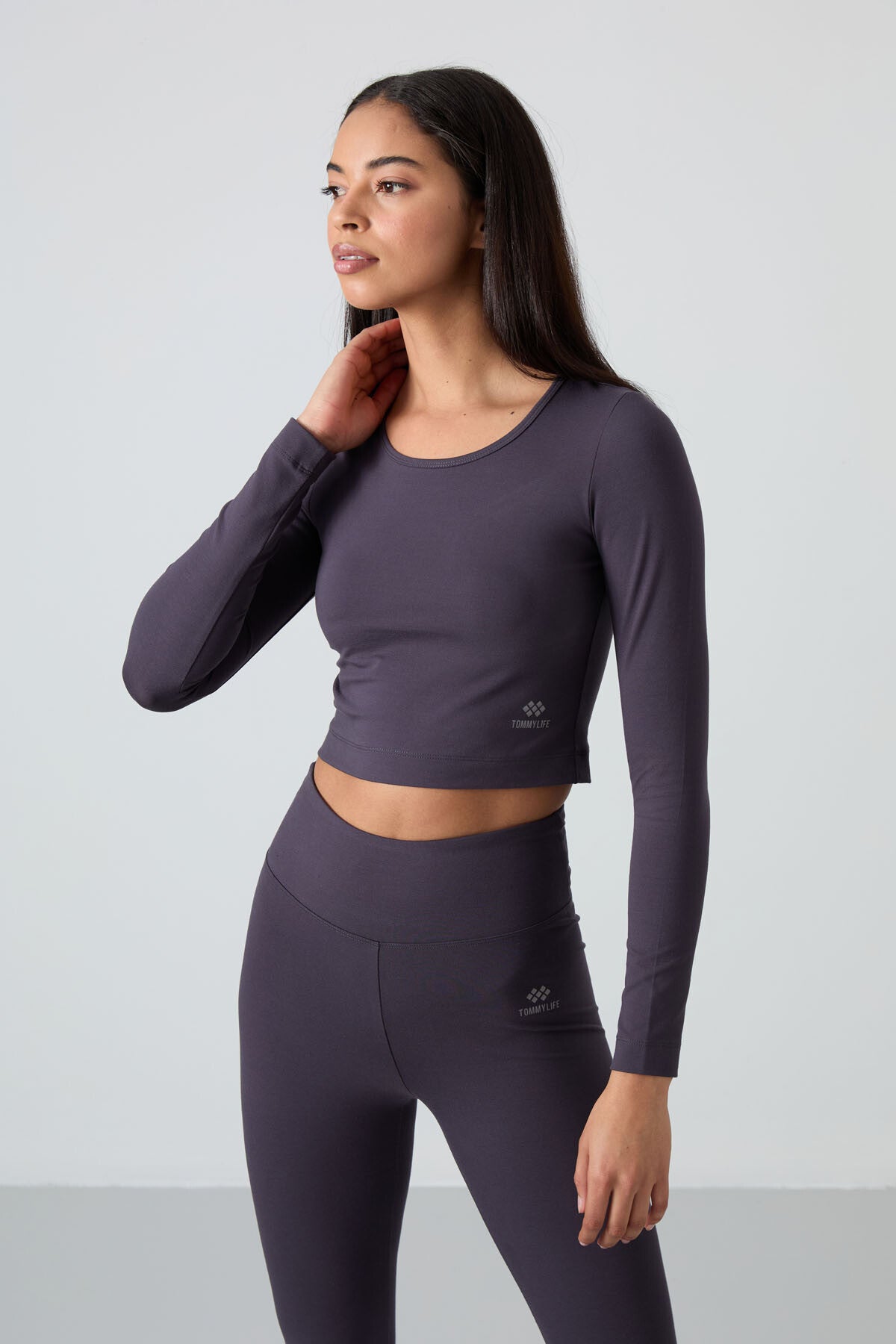 Anthracite High Waist Long Sleeve Slim Fit Crop Top Women's Tights Set - 95286