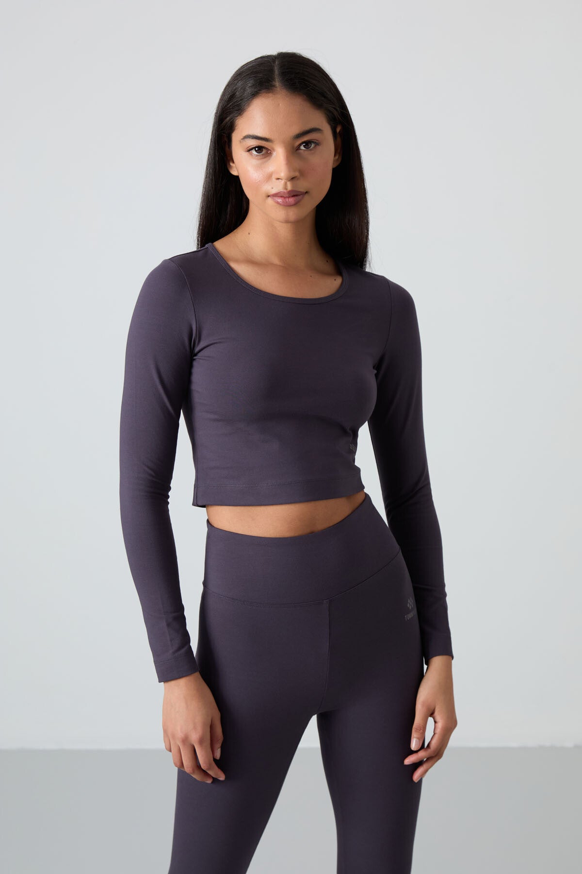 Anthracite High Waist Long Sleeve Slim Fit Crop Top Women's Tights Set - 95286