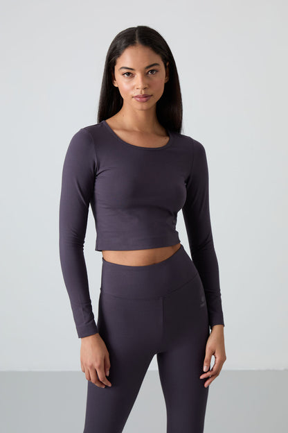 Anthracite High Waist Long Sleeve Slim Fit Crop Top Women's Tights Set - 95286