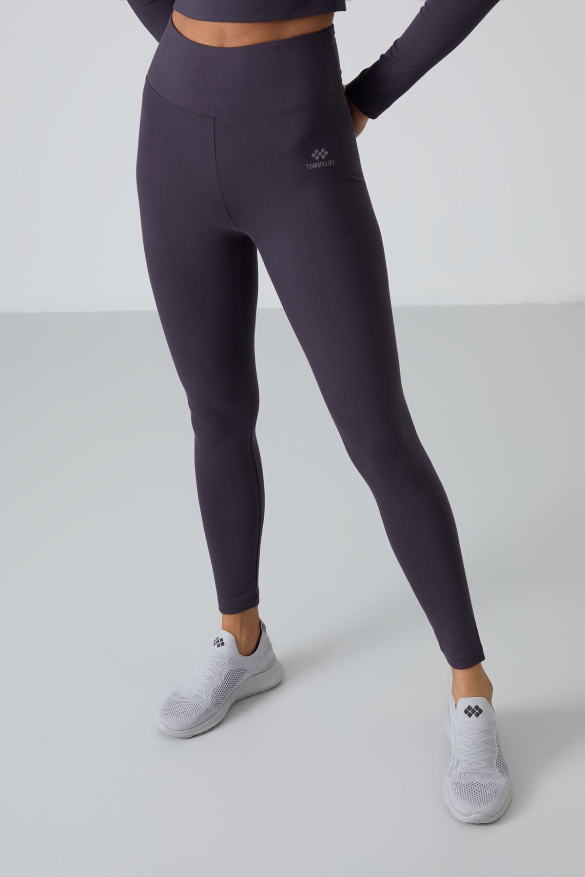 Anthracite High Waist Long Sleeve Slim Fit Crop Top Women's Tights Set - 95286