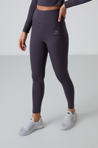 Anthracite High Waist Long Sleeve Slim Fit Crop Top Women's Tights Set - 95286