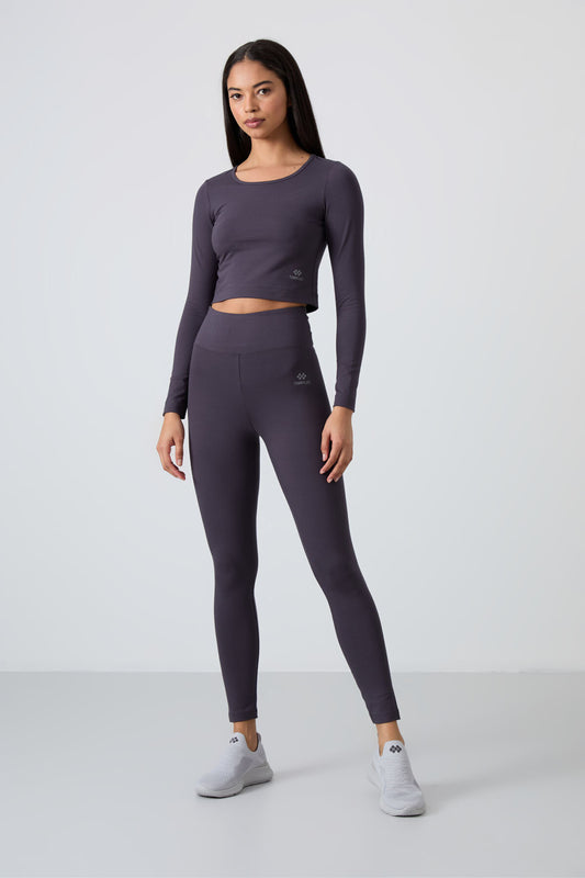 Anthracite High Waist Long Sleeve Slim Fit Crop Top Women's Tights Set - 95286