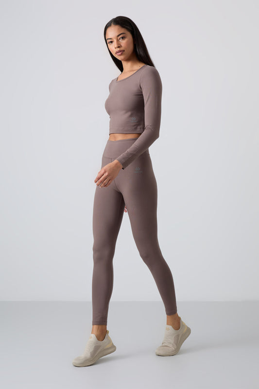 Khaki High Waist Long Sleeve Slim Fit Crop Top Women's Tights Set - 95286