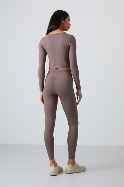 Khaki High Waist Long Sleeve Slim Fit Crop Top Women's Tights Set - 95286