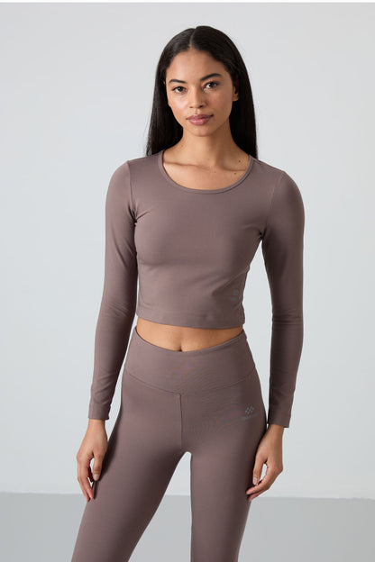 Khaki High Waist Long Sleeve Slim Fit Crop Top Women's Tights Set - 95286