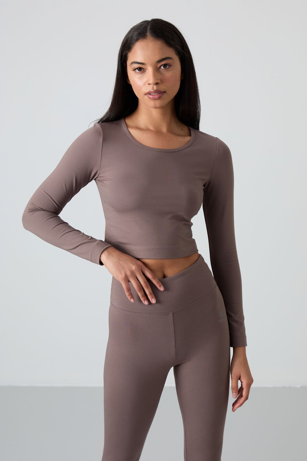 Khaki High Waist Long Sleeve Slim Fit Crop Top Women's Tights Set - 95286