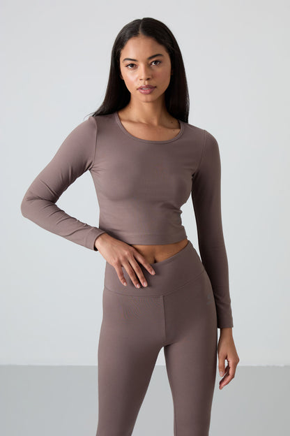Khaki High Waist Long Sleeve Slim Fit Crop Top Women's Tights Set - 95286