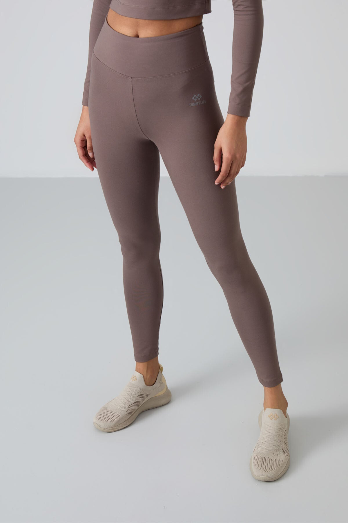 Khaki High Waist Long Sleeve Slim Fit Crop Top Women's Tights Set - 95286