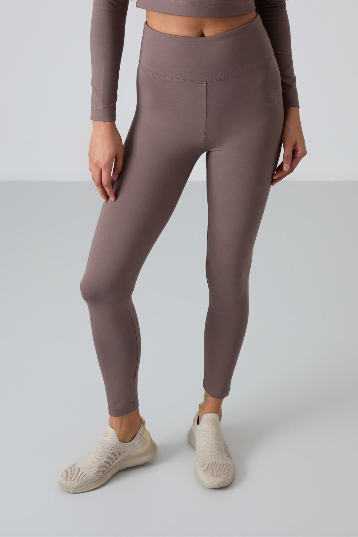 Khaki High Waist Long Sleeve Slim Fit Crop Top Women's Tights Set - 95286