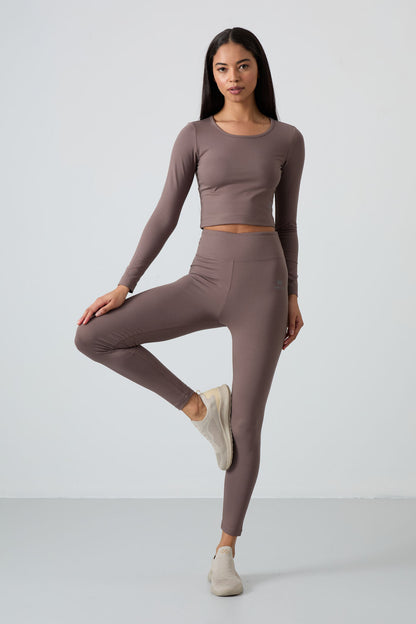 Khaki High Waist Long Sleeve Slim Fit Crop Top Women's Tights Set - 95286