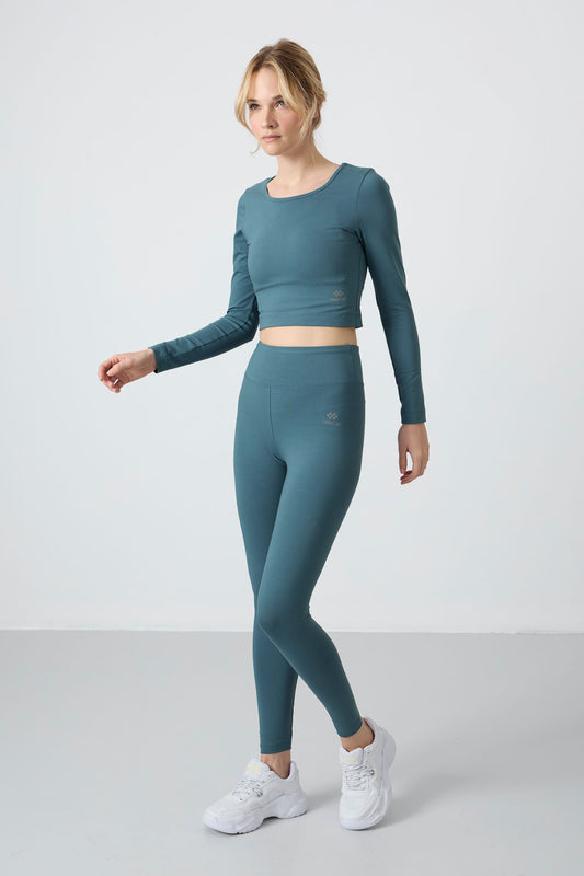 Forest Green High Waist Long Sleeve Slim Fit Crop Top Women's Tights Set - 95286