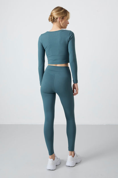 Forest Green High Waist Long Sleeve Slim Fit Crop Top Women's Tights Set - 95286