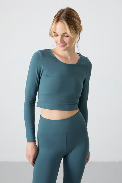 Forest Green High Waist Long Sleeve Slim Fit Crop Top Women's Tights Set - 95286