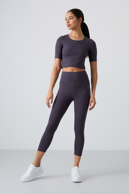 Anthracite High Waist Capri-Crop T-Shirt Slim Fit Women's Tights Set - 95285