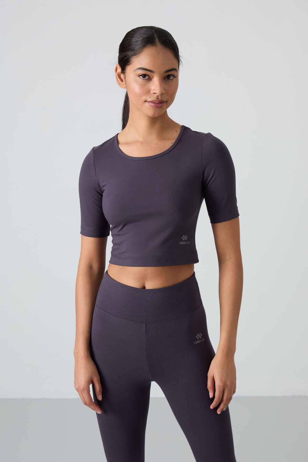 Anthracite High Waist Capri-Crop T-Shirt Slim Fit Women's Tights Set - 95285