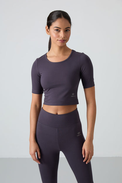 Anthracite High Waist Capri-Crop T-Shirt Slim Fit Women's Tights Set - 95285
