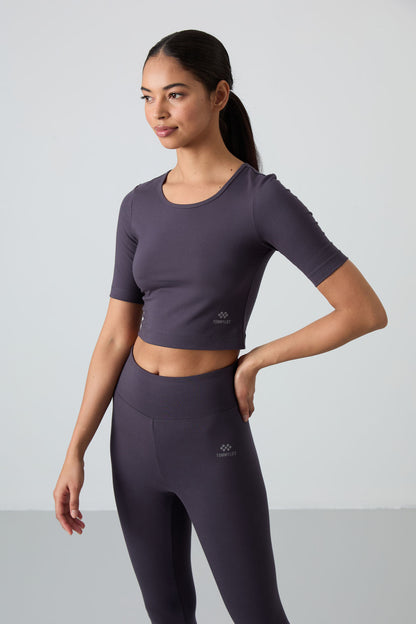 Anthracite High Waist Capri-Crop T-Shirt Slim Fit Women's Tights Set - 95285