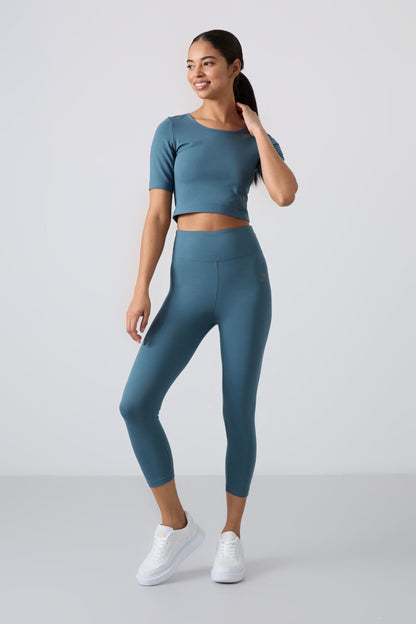 Forest Green High Waist Capri-Crop T-Shirt Slim Fit Women's Tights Set - 95285