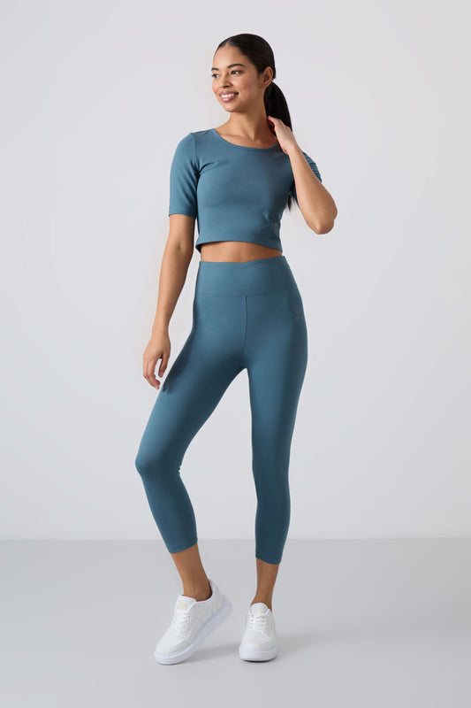 Forest Green High Waist Capri-Crop T-Shirt Slim Fit Women's Tights Set - 95285