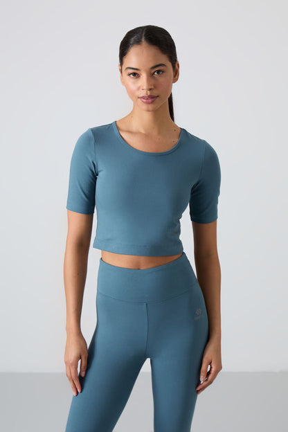Forest Green High Waist Capri-Crop T-Shirt Slim Fit Women's Tights Set - 95285