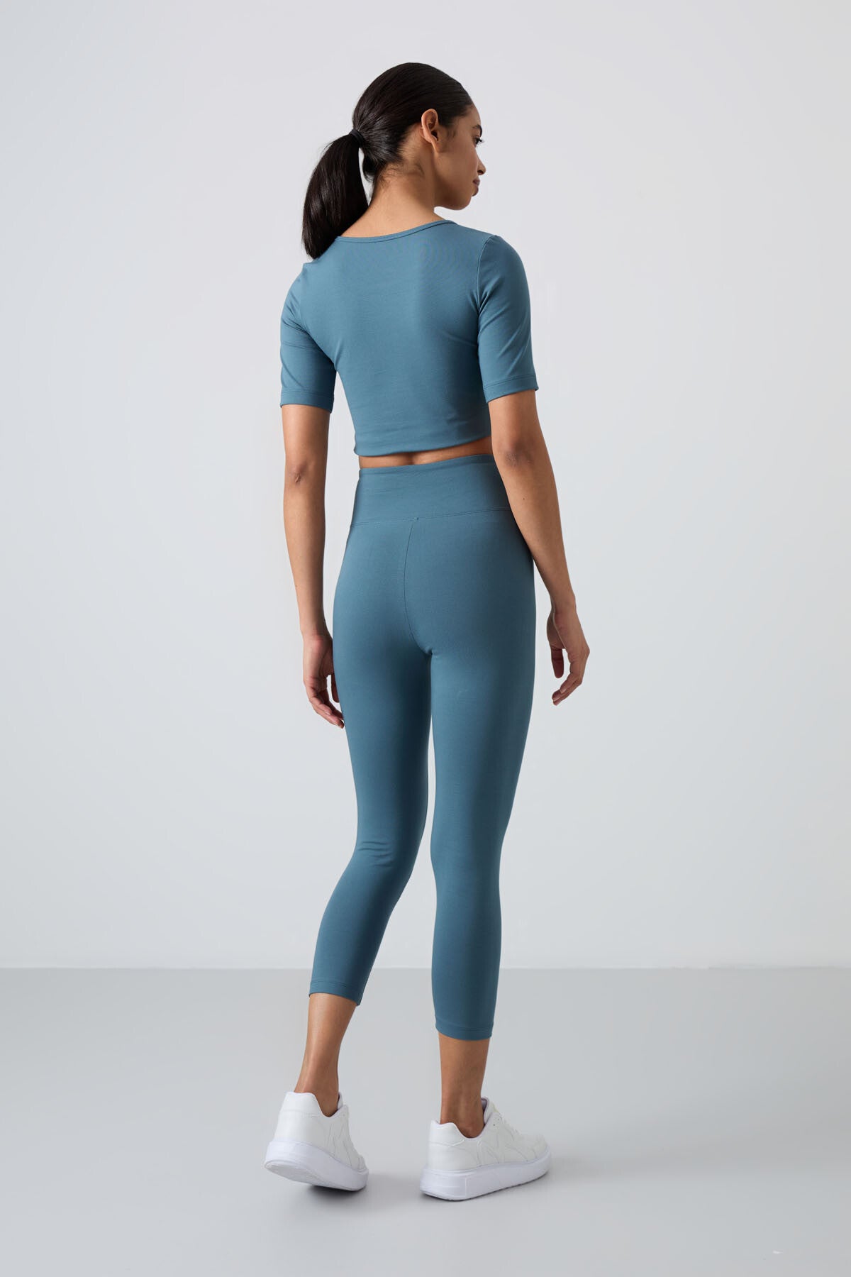 Forest Green High Waist Capri-Crop T-Shirt Slim Fit Women's Tights Set - 95285