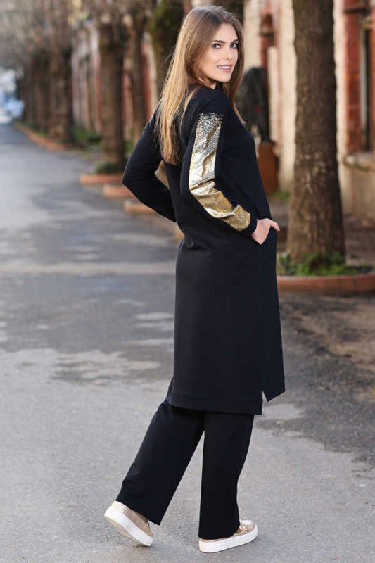 Navy Blue Women O Collar Detailed Standard Fit Classic Hem Tracksuit Tunic Set - 97080