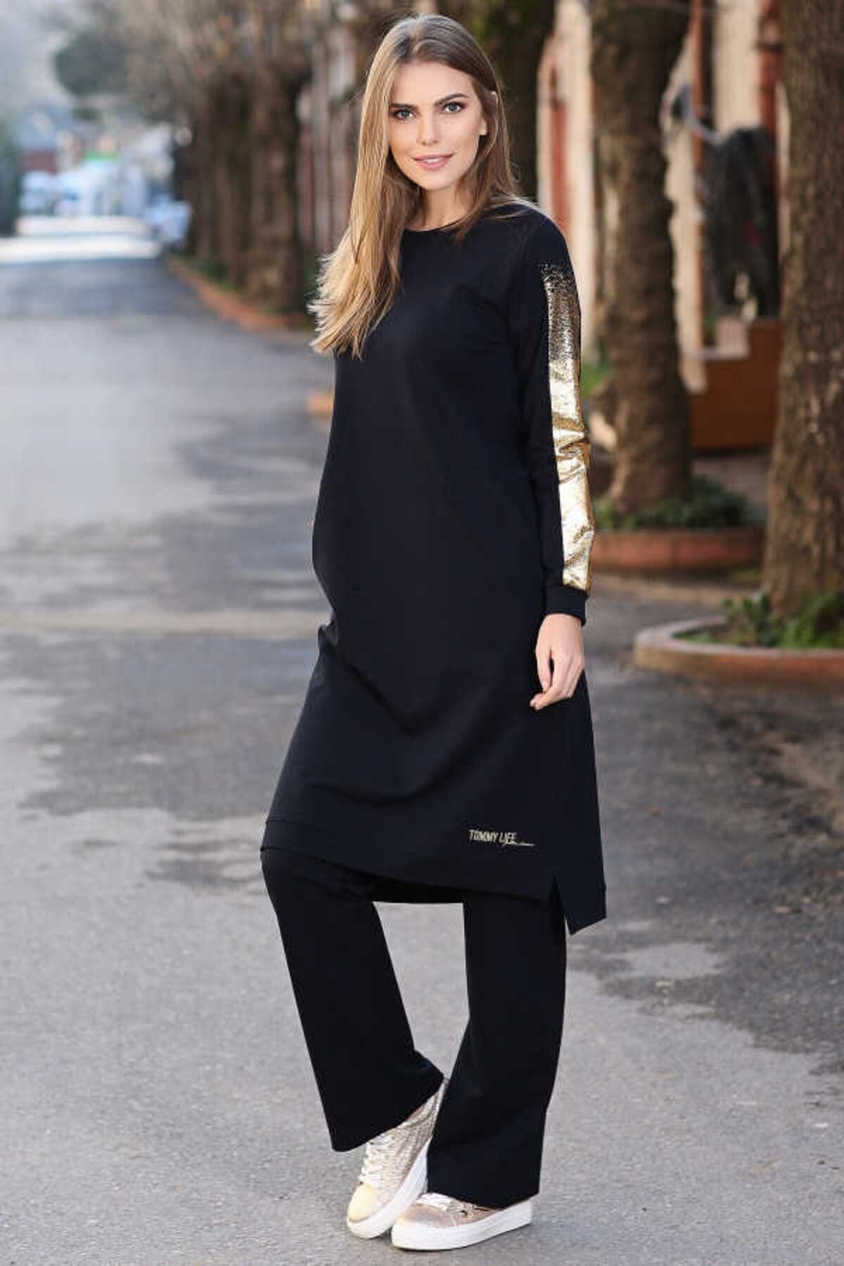 Navy Blue Women O Collar Detailed Standard Fit Classic Hem Tracksuit Tunic Set - 97080