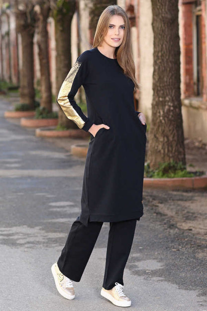 Navy Blue Women O Collar Detailed Standard Fit Classic Hem Tracksuit Tunic Set - 97080