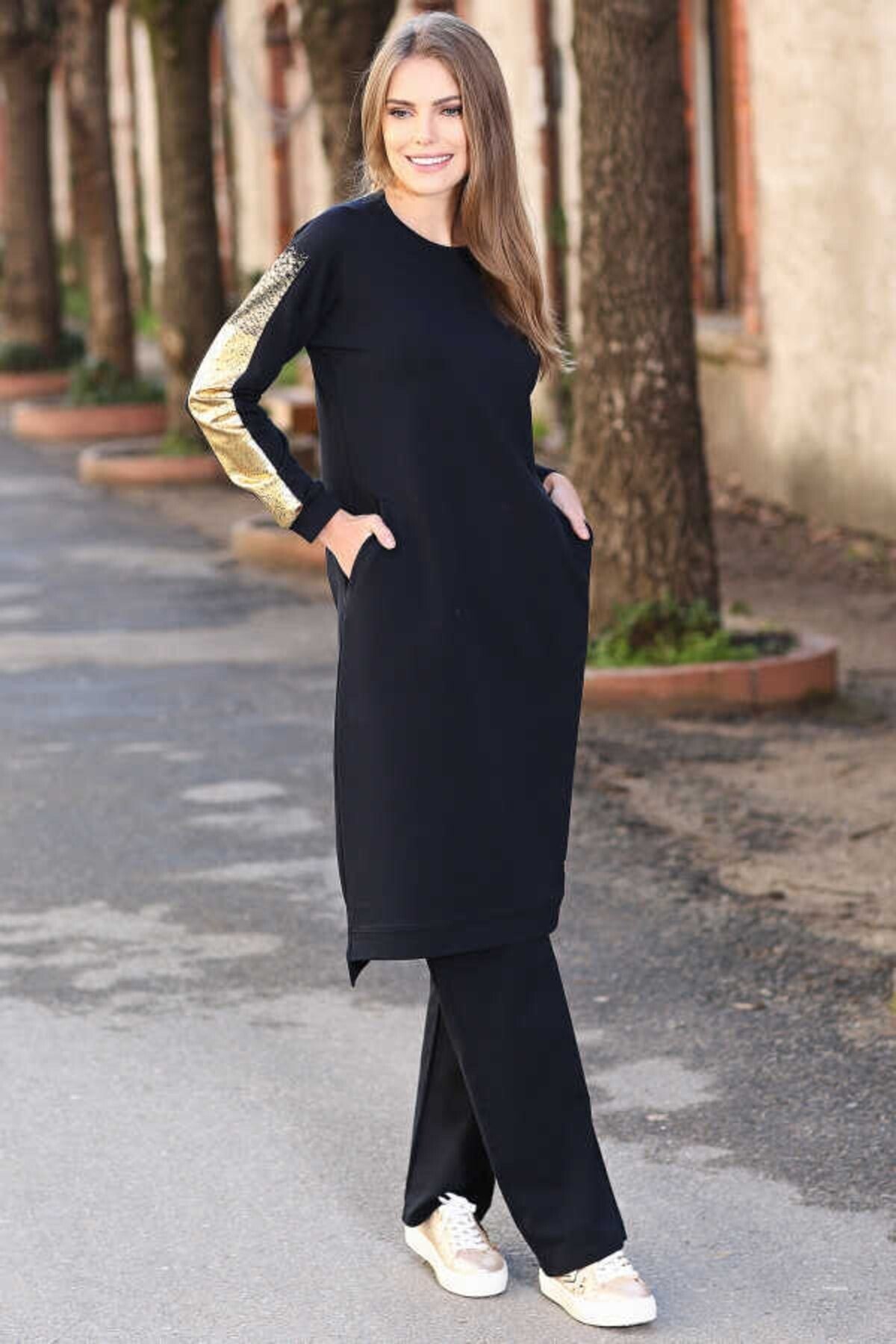 Navy Blue Women O Collar Detailed Standard Fit Classic Hem Tracksuit Tunic Set - 97080