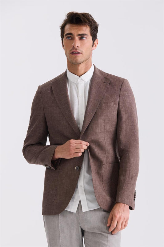 Coffee Slim Fit Single Collar Linen Sports Jacket