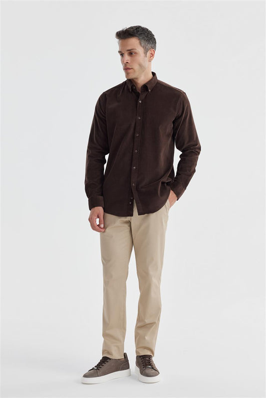 Coffee Comfort Fit Buttoned Collar 100% Cotton Shirt