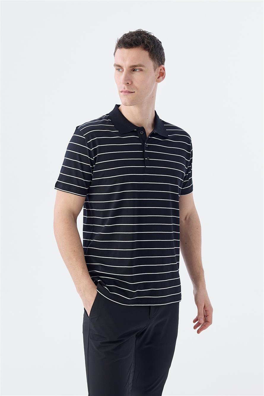 100% Cotton Polo Collar With Black Slim Fit Stripes