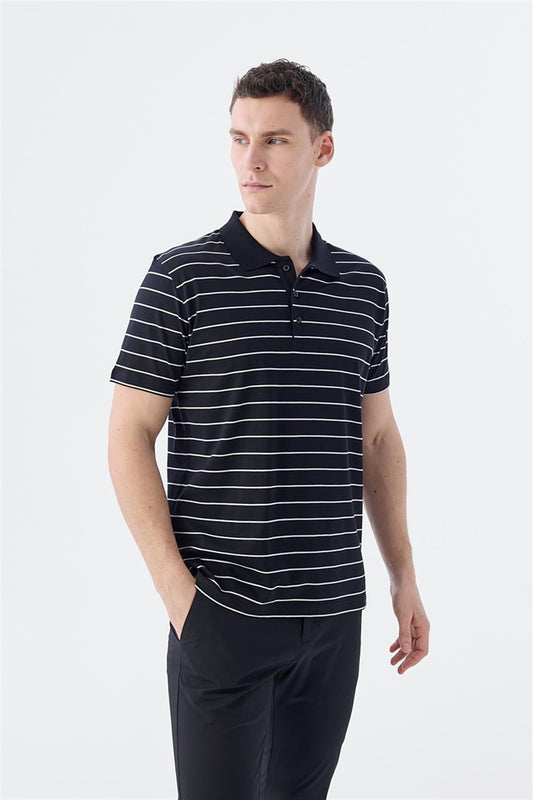 100% Cotton Polo Collar With Black Slim Fit Stripes