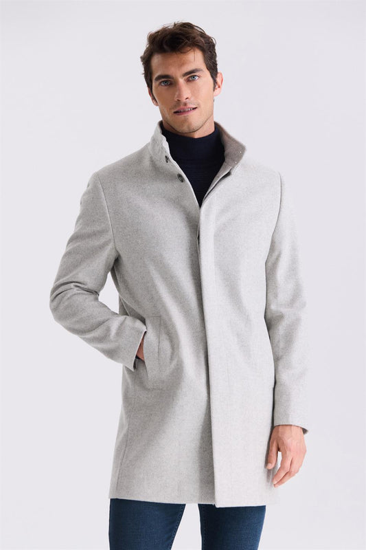 Gray Slim Fit Straight Collar Patterned Wool Sports Jacket
