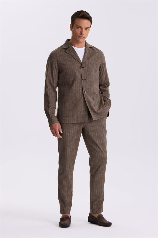 Coffee Slim Fit Cutaway Collar Linen Mixed Double Breasted Striped Suit