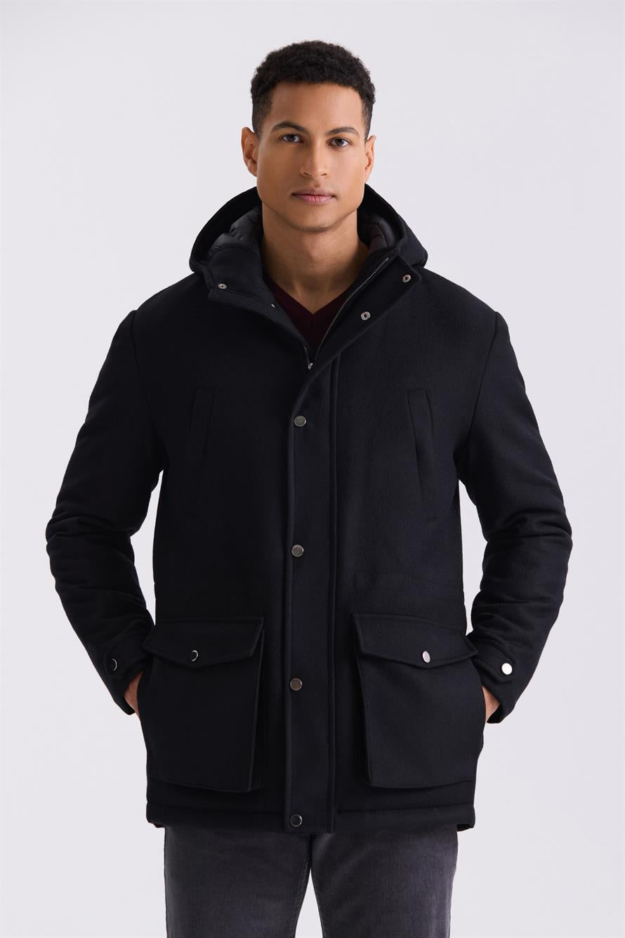Black Comfort Fit Wool Jacket With Hood