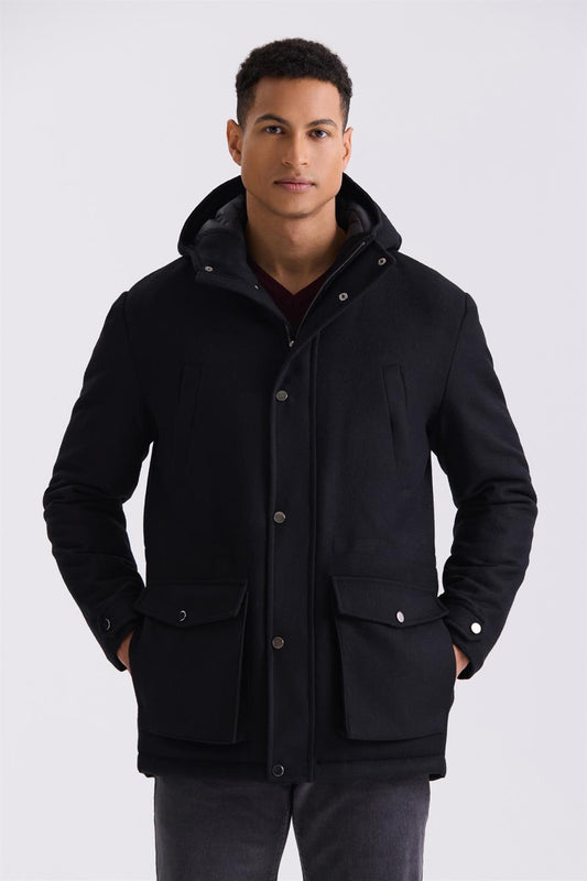 Black Comfort Fit Wool Jacket With Hood