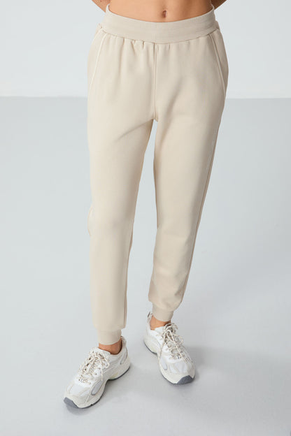 Compact Beige Cotton Thick Smooth Textured Standard Fit Women's Tracksuit Bottom - 94660
