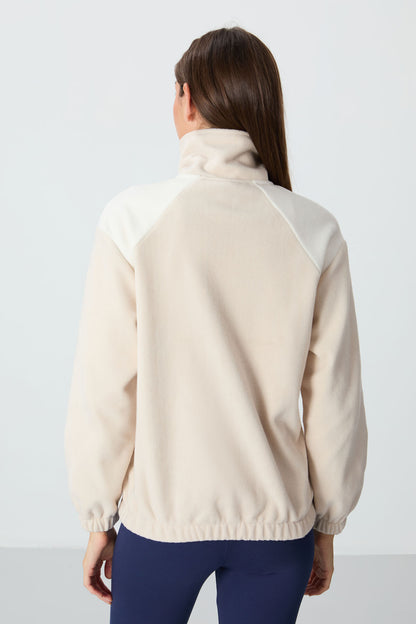Thick Soft Textured High Collar Oversize Embroidered Fleece Women's Sweatshirt - 97293