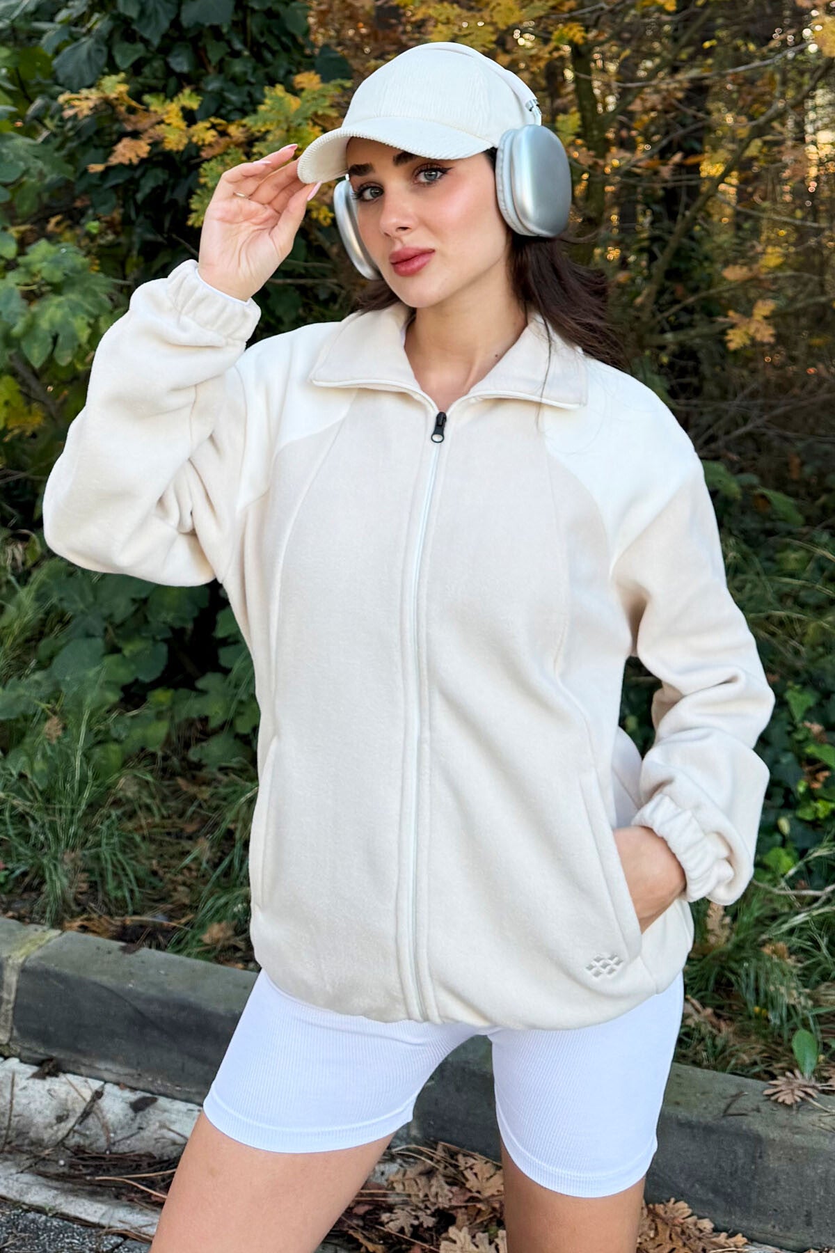 Thick Soft Textured High Collar Oversize Embroidered Fleece Women's Sweatshirt - 97293