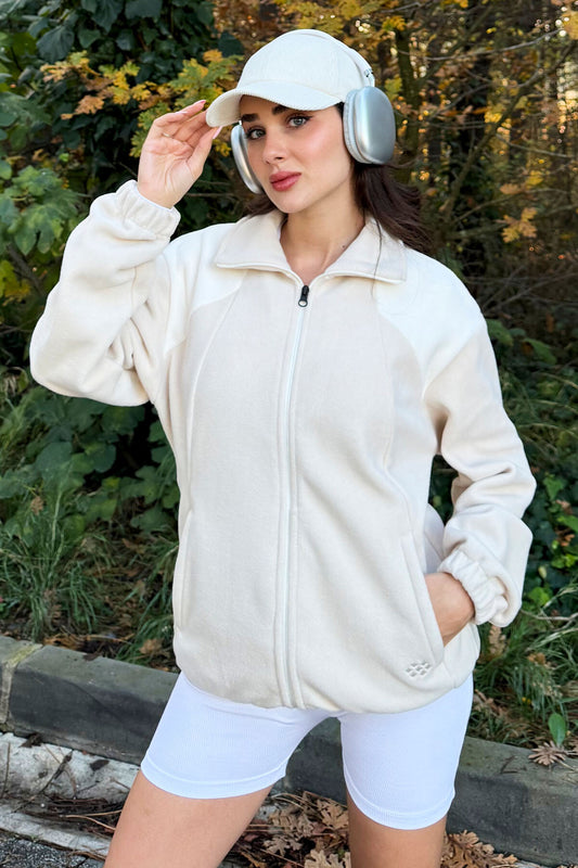 Thick Soft Textured High Collar Oversize Embroidered Fleece Women's Sweatshirt - 97293