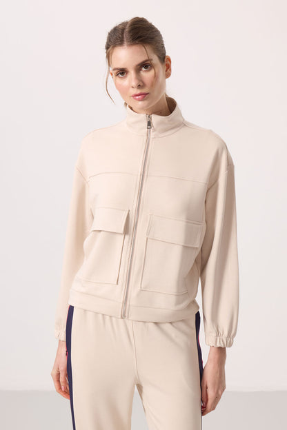 Soft Textured High Collar Oversize Cargo Pocket Women's Crop Top Sweatshirt - 97301
