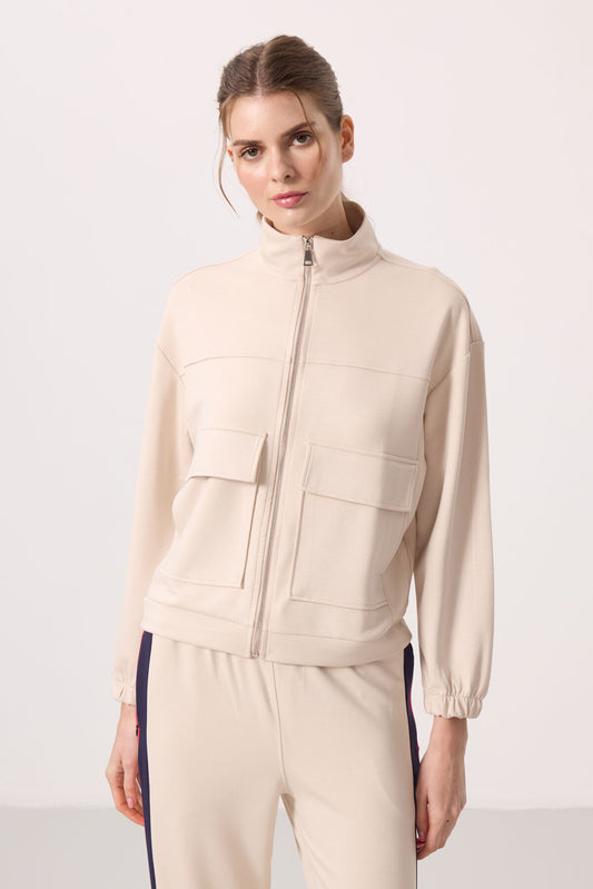 Soft Textured High Collar Oversize Cargo Pocket Women's Crop Top Sweatshirt - 97301