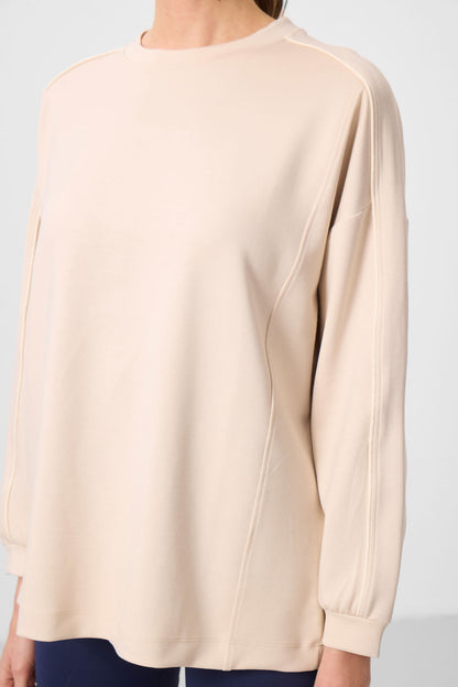 Soft Textured Beige O Collar Oversize Women's Tunic Sweatshirt - 97303